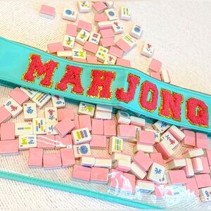 Mahjong Tile Bag - Teal + Pink Letters Clear Zippered - Bag Only